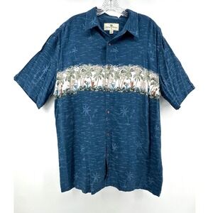 Island Shores Mens Large Blue Rayon Tropical Palm Tree Cocktail Hawaiian Shirt